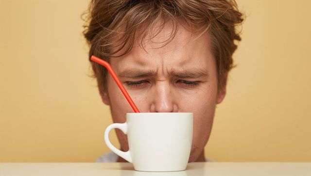 Young man inspecting mug with red straw close-up showing doubtful morning expression