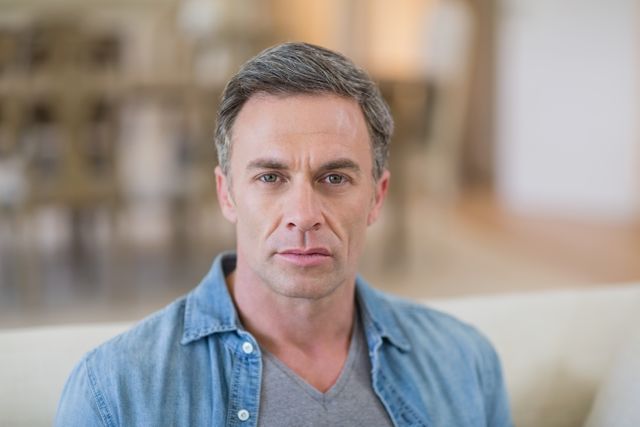 Middle-aged man sitting in living room, wearing casual denim shirt and gray t-shirt. Ideal for use in lifestyle blogs, articles about home life, or advertisements for home decor and furniture.