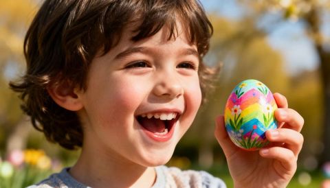 Smiling boy holding painted easter egg in sunny spring garden
