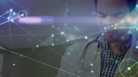 Doctor Analyzing Data with Futuristic Interface in Hospital