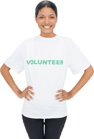 Smiling Woman Wearing Volunteer T-shirt on Transparent Background