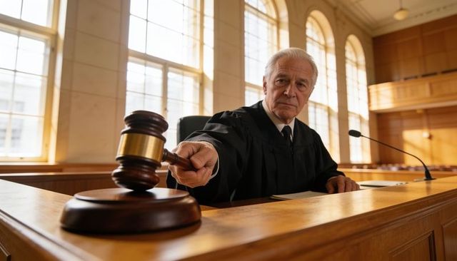 Senior judge striking gavel at bench in sunlit courtroom with arched windows, microphone