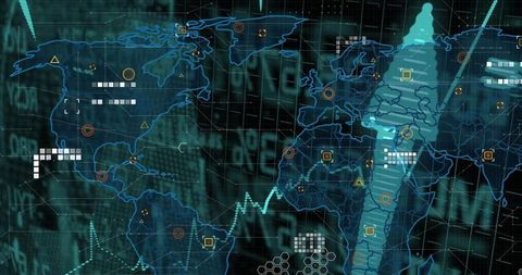 Futuristic World Map with Dynamic Graph Line on Digital Interface