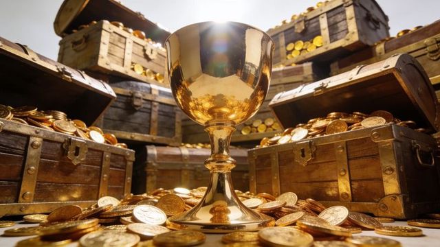 Golden chalice surrounded by overflowing pirate treasure chests and shining coins