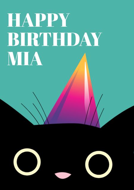 Features cartoon black cat wearing a colorful party hat with personalized birthday text on green background. Perfect for digital birthday greetings, e-cards, and party invitations for kids or cat lovers.