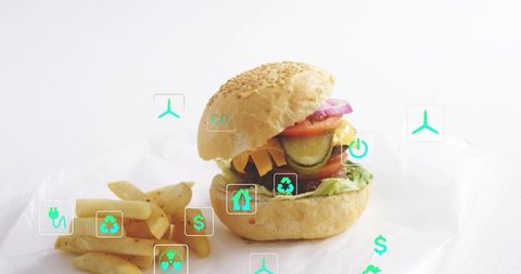 Showcasing sesame-bun cheeseburger with fries and green sustainability icons on white
