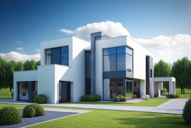 Modern house with striking large windows. Features spacious green lawn. Ideal for ads on modern architecture, luxurious living spaces, or residential properties. Visually compelling for brochures and real estate listings.