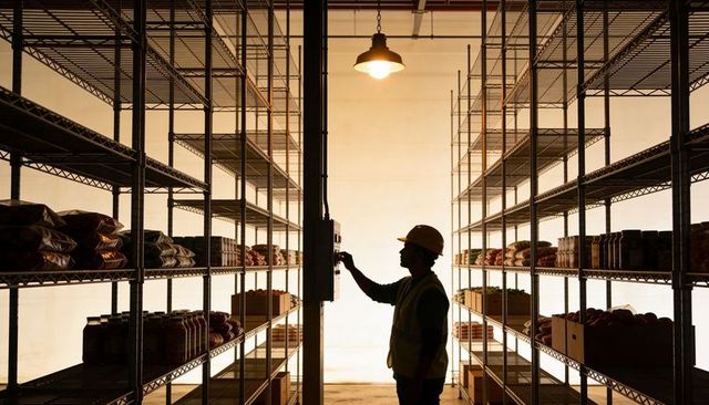 Backlit warehouse worker checking control panel and scanning stocked shelves silhouette
