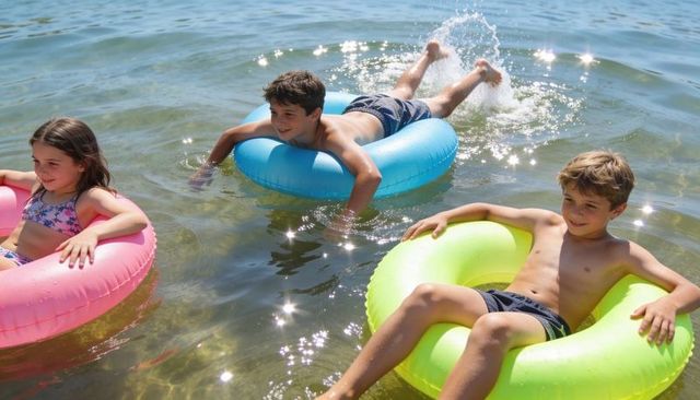 Children floating on colorful inflatable rings in shallow lake on sunny summer day