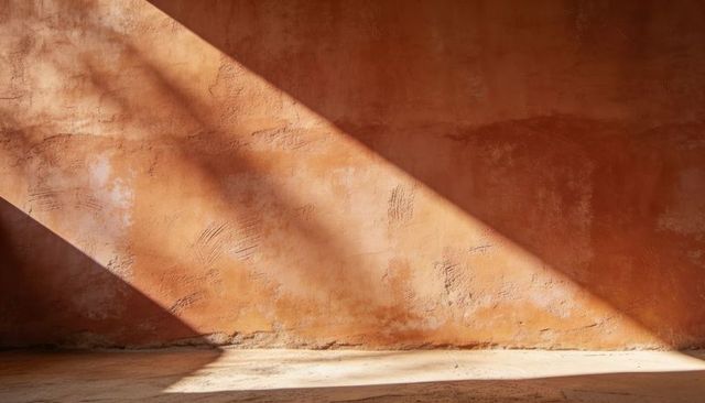 Bathing Sunlight Creating Diagonal Shadows on Weathered Terracotta Plaster Wall