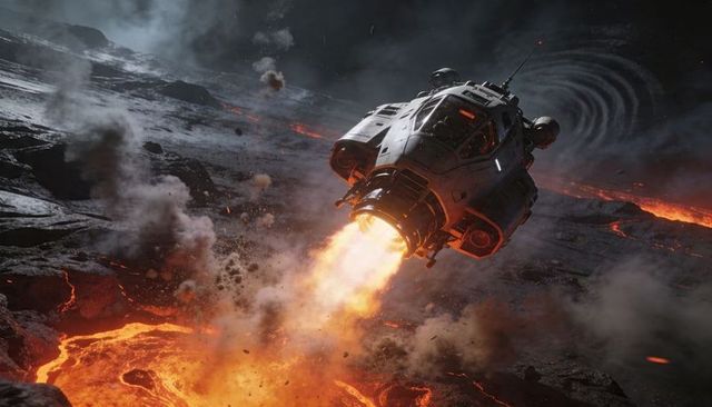 Armored spacecraft ascending over molten lava plain, emitting fiery plume and ash