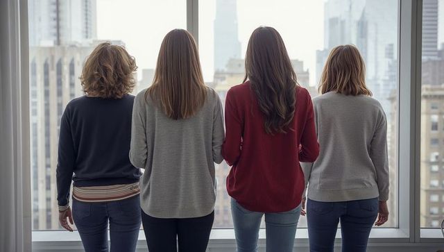 Four women standing and gazing out high-rise window with city skyline view
