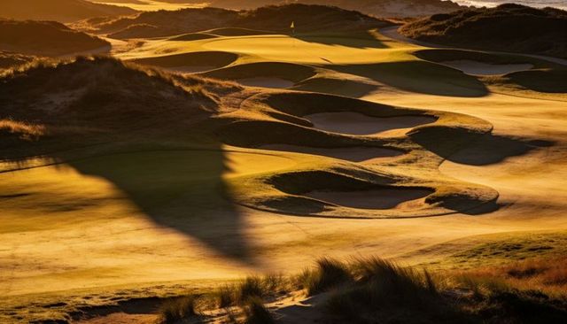 Golden light bathing links golf course with sculpted fairways and deep sand bunkers