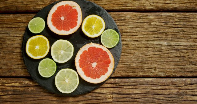 Fresh lime, lemon, and grapefruit slices arranged on a black round slate placed on a rustic wooden surface. This can be used for promotional materials related to healthy eating, diet plans, recipes, and nutrition blogs. It also works well for backgrounds in cooking websites and advertisements for citrus products.