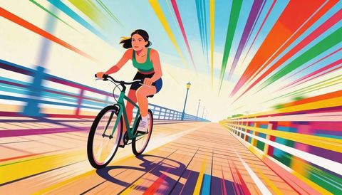 Cycling woman racing along vibrant pier with colorful motion streaks and sunset glow