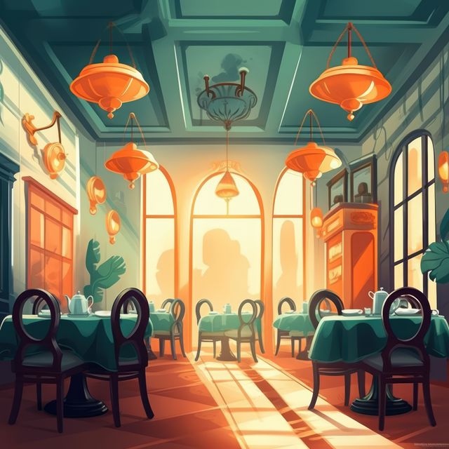 General view of fancy restaurant interiors with big windows, created using generative ai technology. Restaurant, dining and interiors concept digitally generated image.