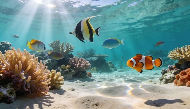 Sunlit tropical reef with clownfish and colorful reef fish, sunbeams streaming underwater