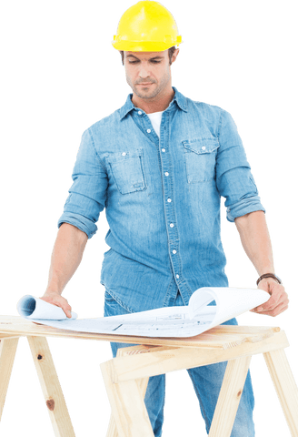 transparent architect analyzing blueprint with yellow hard hat - Download Free Stock Videos Pikwizard.com
