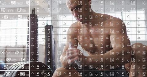 Shirtless athlete lifting dumbbell on bench leaning forward with financial data overlay