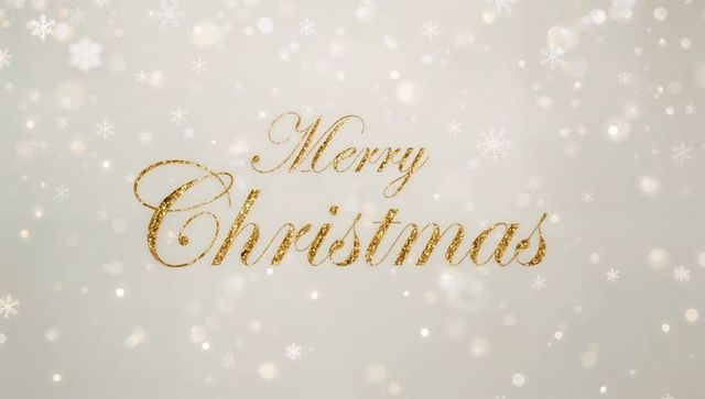 Elegant gold glitter merry christmas script on soft beige background with snowflake bokeh