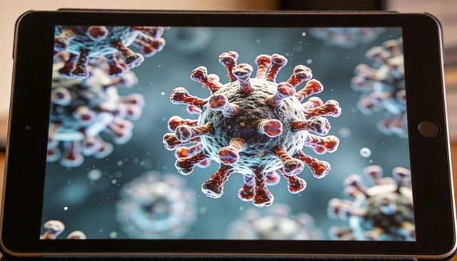 Tablet showing 3d sars-cov-2 virion with red spike proteins close-up on dark desk