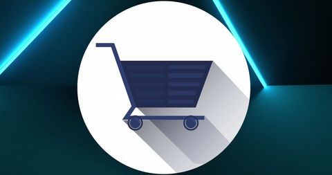 Digital shopping cart icon with neon glow background