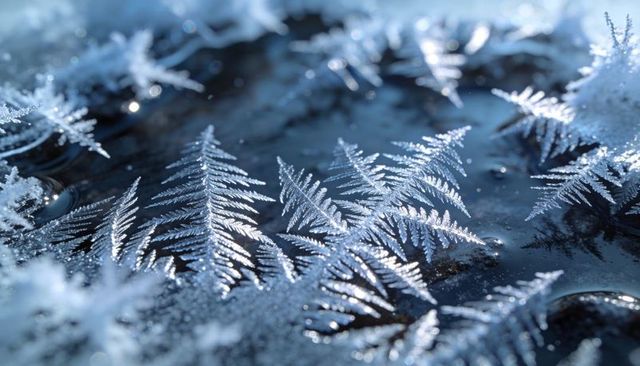 Fern-pattern frost crystals forming on dark water surface with blue bokeh macro