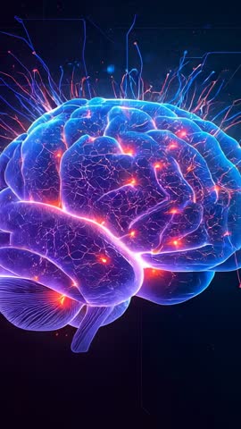 Neon Brain Animation Rotating in Virtual Lab Pulsing Neural Signals Vertical Tech Video