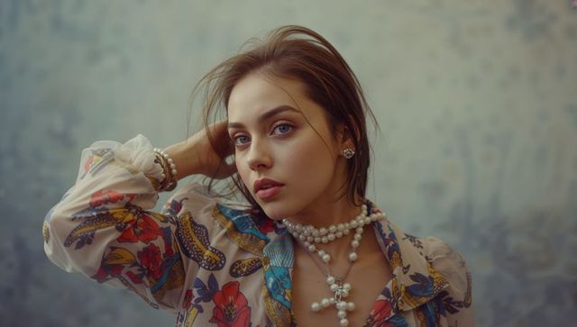 Elegant model wearing floral blouse and pearl jewelry in portrait