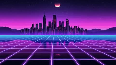 Neon Retro-Futuristic Skyline Glowing Over Grid Horizon While Moon Rising
