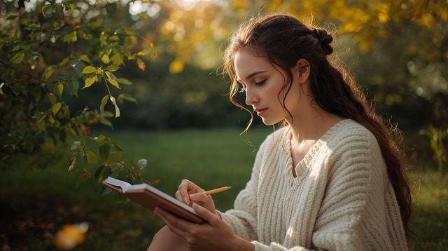 Young woman writing in notebook on grass during golden hour wearing cozy knit sweater