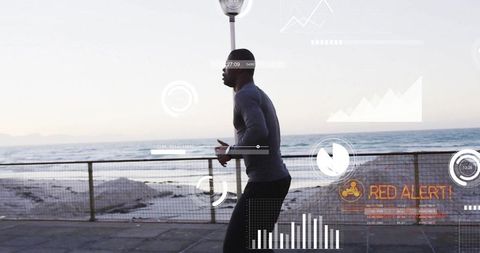Runner on Waterfront Path with Digital Fitness Data Overlay