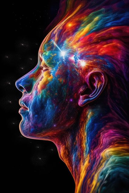 A captivating and vibrant digital artwork depicting a human face in profile with a spectrum of colors swirling around it. The cosmic background enhances the feeling of imagination and creativity. Ideal for use in futuristic, artistic, and meditation-themed projects. Great for book covers, digital media, and artistic prints focusing on human imagination, creative consciousness, and spirituality.