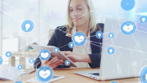 Businesswoman Engaging with Digital Network Visualizations on Tablet