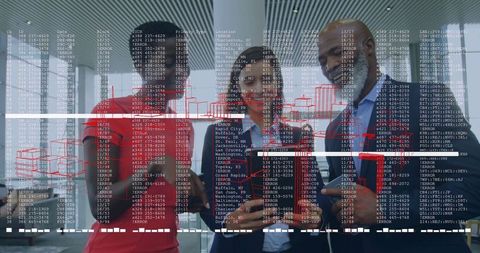 Diverse professionals analyzing data visualizations in modern office