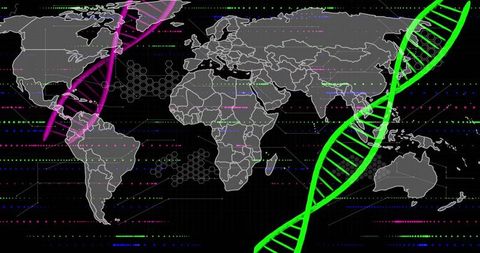 Global genomics data visualization with neon DNA helix and world map analytics