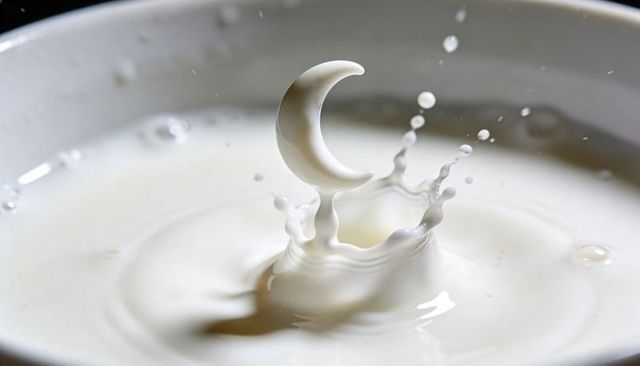 Crescent milk splash forming moon shape over ceramic bowl macro high-speed liquid art surreal