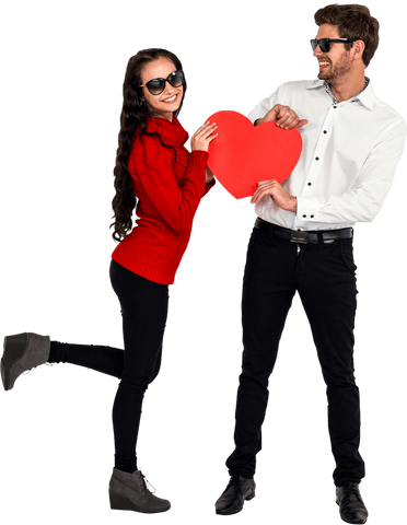 Smiling Couple Sharing Red Paper Heart Transparent Background