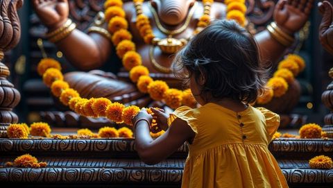 Young girl offering marigold flowers at ornate lord ganesha shrine
