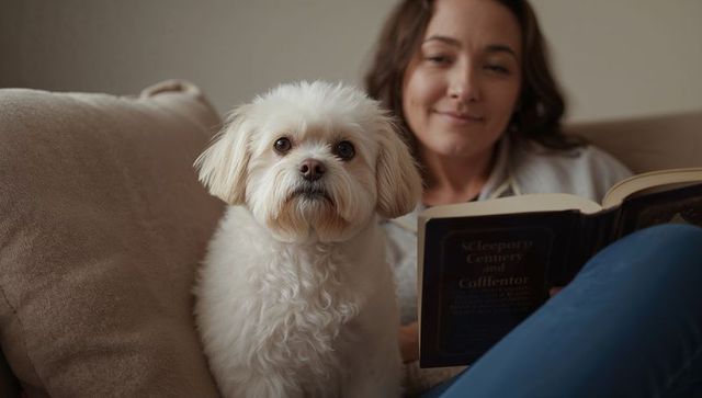 Small white fluffy dog sitting on couch while woman reading book, cozy domestic moment