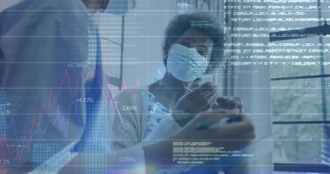 Clinician consulting masked patient with augmented data overlays and chart visualizations