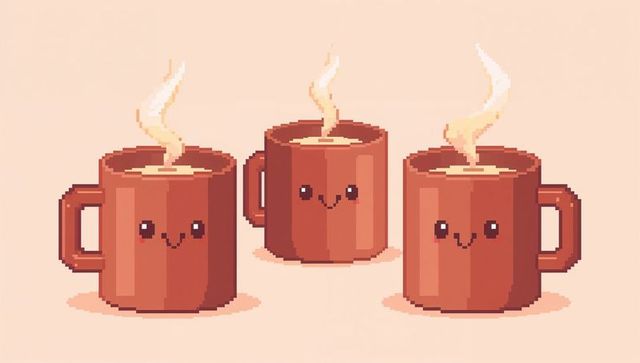 Retro 8-bit trio of smiling coffee mugs steaming on pastel peach background
