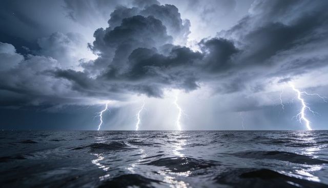 Night ocean storm with multiple lightning strikes and thunderclouds over open sea horizon