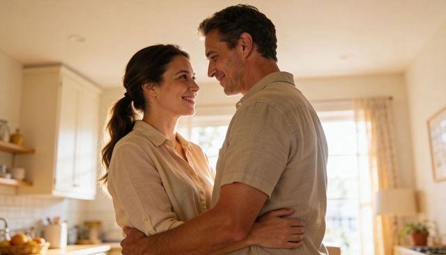 Couple embracing in sunlit kitchen sharing warm moment of intimacy and home comfort