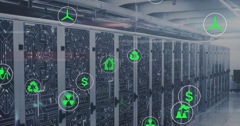 Green energy icons overlaying circuit-front server racks in modern data center