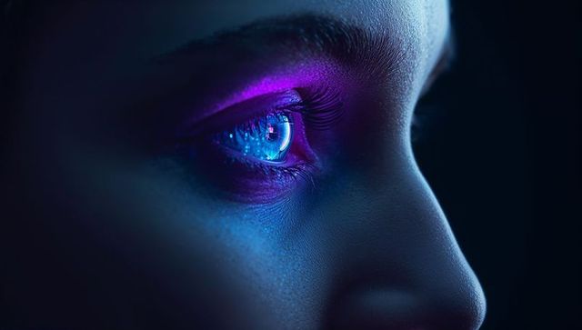 Futuristic neon iris closeup female eye reflecting cyberpunk lights with magenta makeup
