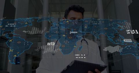 Doctor Analyzing Digital World Map Interface with Tablet Technology