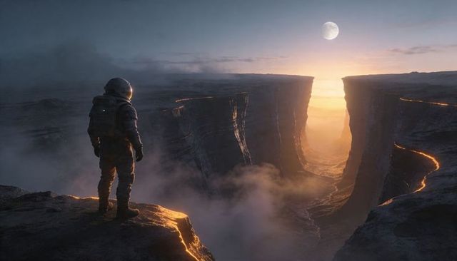 Astronaut standing on cliff overlooking glowing canyon with lava fissures at twilight