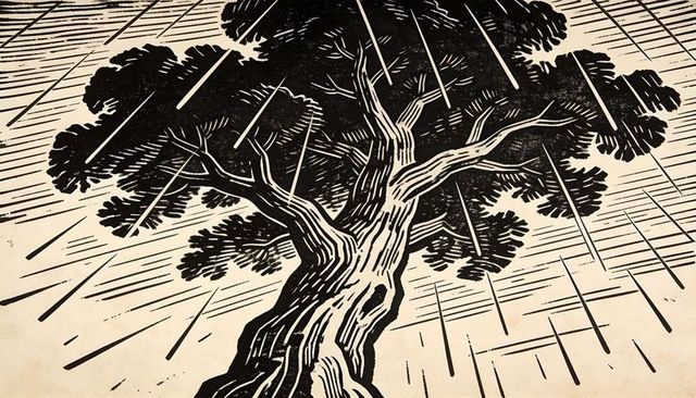 Rising twisted tree trunk curling upward in diagonal rain linocut vintage woodcut