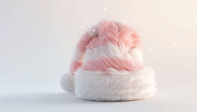 Pink off-white faux fur santa hat slouching on minimal pastel background with pom-pom